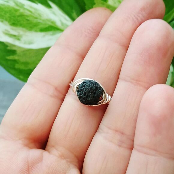 Lava Rock Beaded Ring, Stackable Stone Wire Ring, Size 8 - Picture 3 of 3